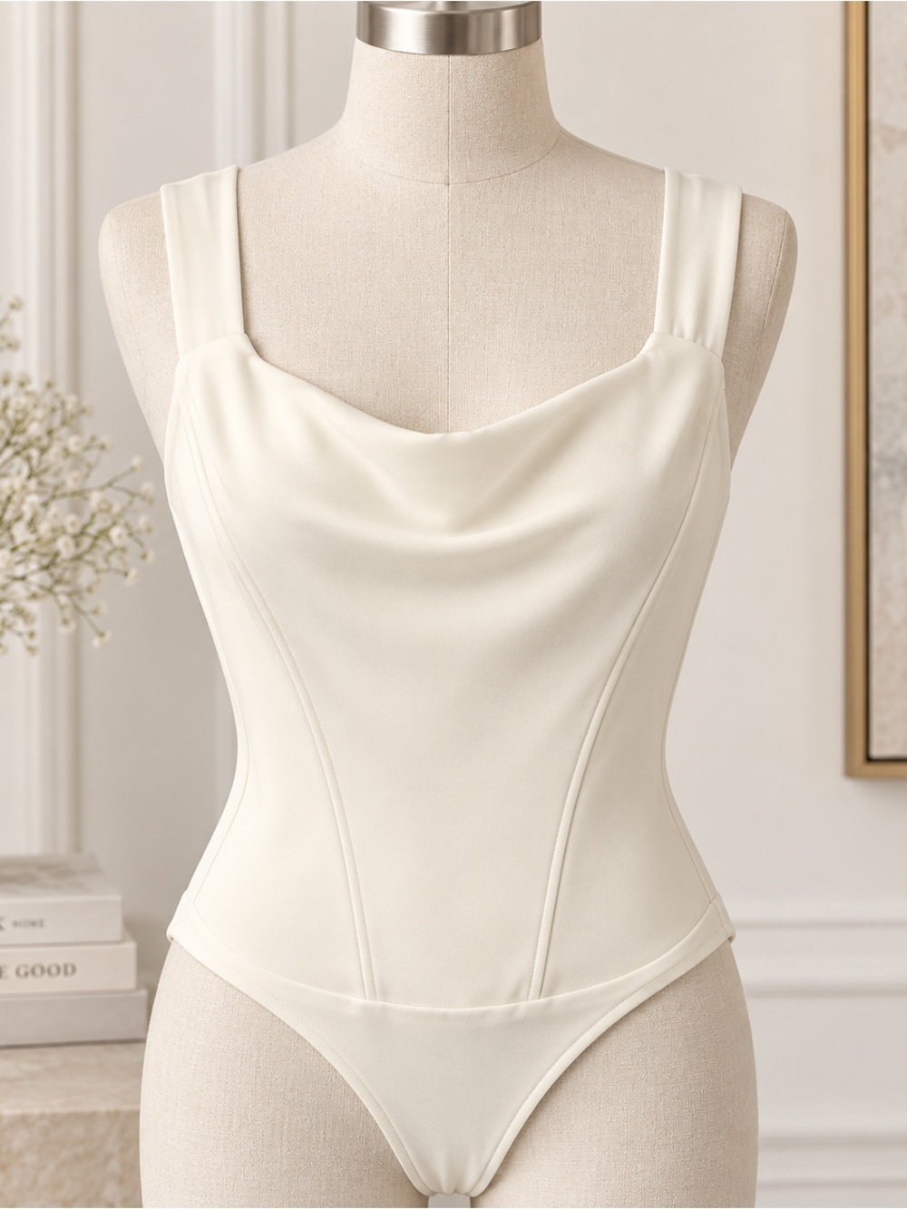 Good American Ivory Cowl Neck Tank Bodysuit